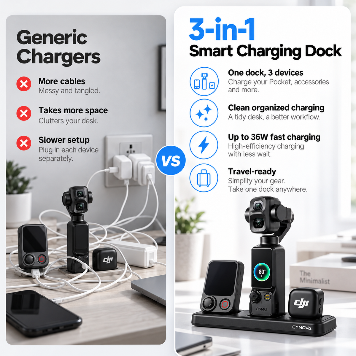 3-in-1 Charging Dock for Osmo Pocket 3 / 4 / 4P | Simultaneous Multi-Device Fast Charging Station, Cut Cable Clutter for Vlog Gear