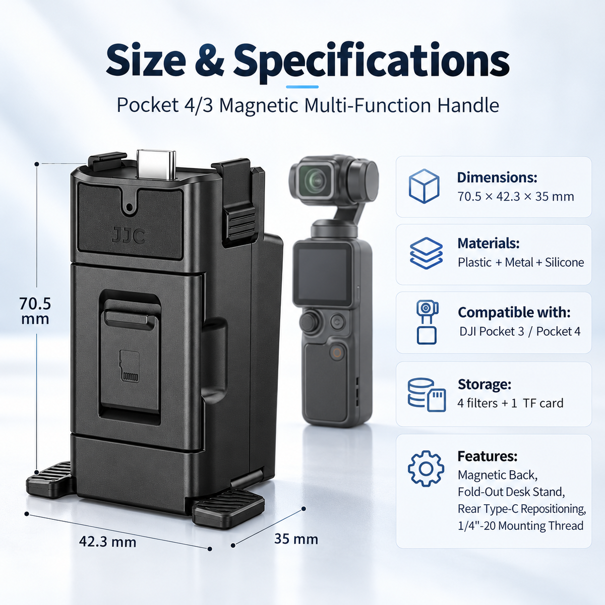 Multi-Functional Vlog Handle Adapter with Filter & TF Card Storage, Magnetic Mount & Desktop Stand for Pocket 4 / Pocket 3