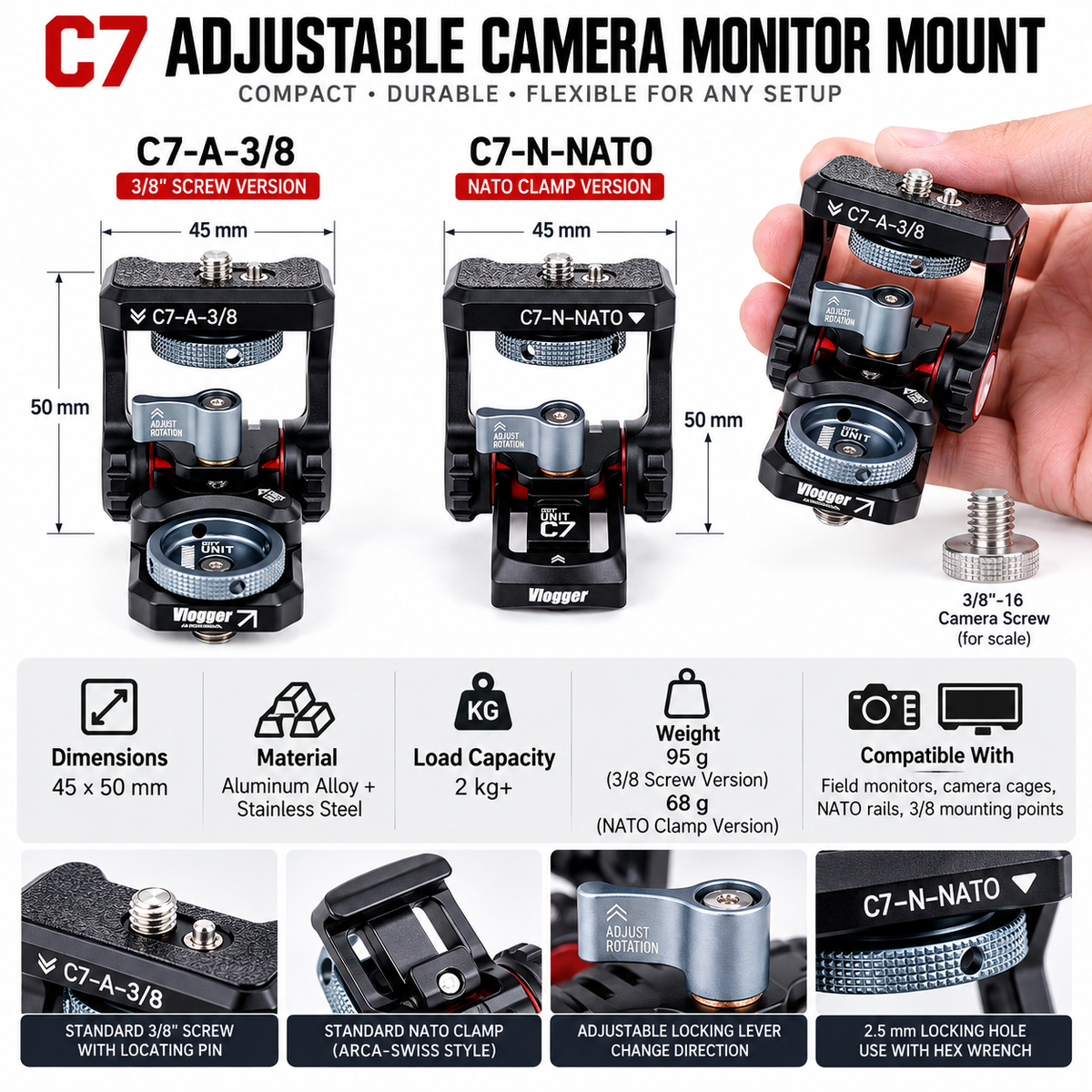Heavy-Duty V-Shape Tilt Monitor Bracket, 1/4"& 3/8" Thread, ARRI Locating Pin, NATO Rail / Screw Mount Option for Camera Cage Filmmaking