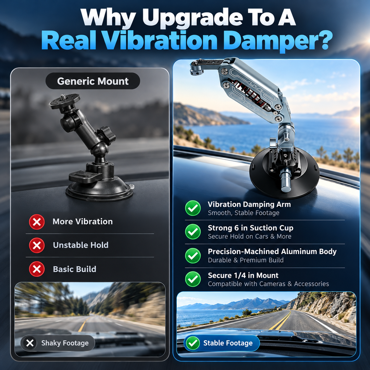 Car Camera Suction Cup Shock-Absorbing Arm | Eliminate Shaky Car Footage for In-Car Travel Filming