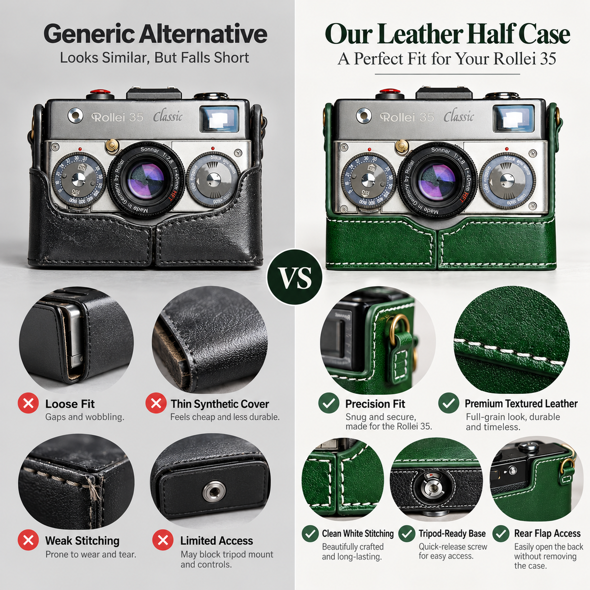 Handmade Genuine Leather Camera Half Case for Rollei 35 Series | Protect Your Vintage Film Camera Without Blocking Controls & Frame Counter