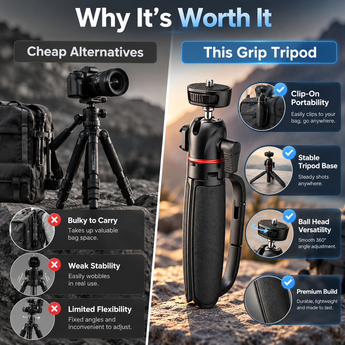 Quick-Clip Carabiner Camera Handle & Tripod | Hands-Free Hanging Mount for Action Cameras & Pocket Cameras