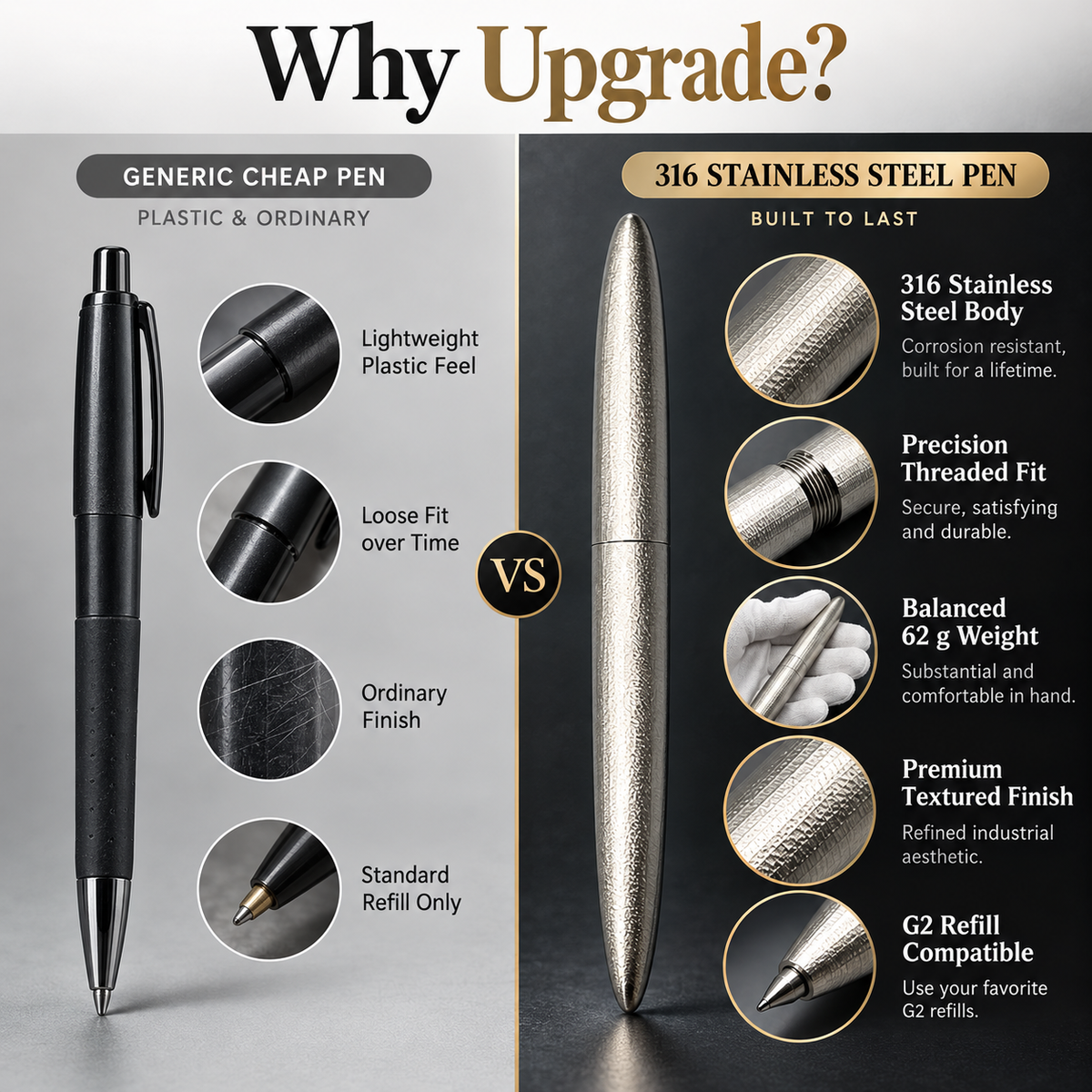 Solid 316 Stainless Steel EDC Pen | 2-in-1 Fountain & Rollerball Pen, No Wobble Nib, Built to Last a Lifetime