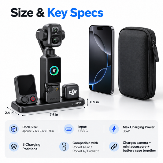 3-in-1 Charging Dock for Osmo Pocket 3 / 4 / 4P | Simultaneous Multi-Device Fast Charging Station, Cut Cable Clutter for Vlog Gear