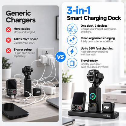 3-in-1 Charging Dock for Osmo Pocket 3 / 4 / 4P | Simultaneous Multi-Device Fast Charging Station, Cut Cable Clutter for Vlog Gear