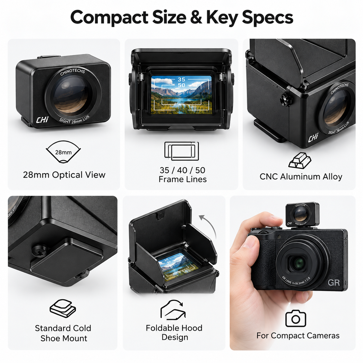 Viewfinder with Foldable Metal Hood, Fix Blown-out & Hard-to-compose Shots for Compact & Rangefinder Cameras
