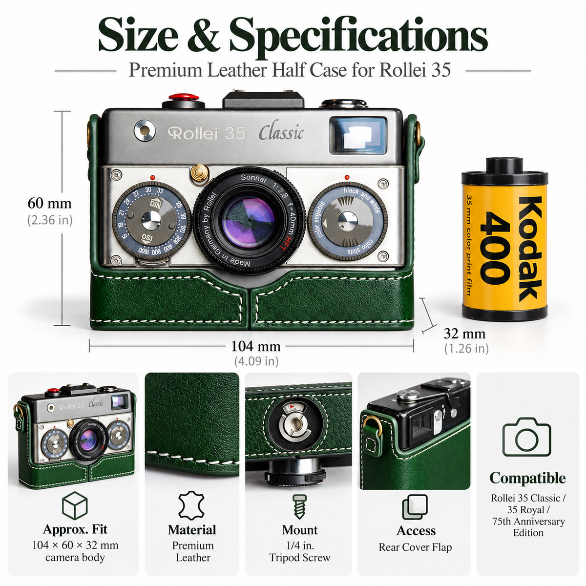 Handmade Genuine Leather Camera Half Case for Rollei 35 Series | Protect Your Vintage Film Camera Without Blocking Controls & Frame Counter
