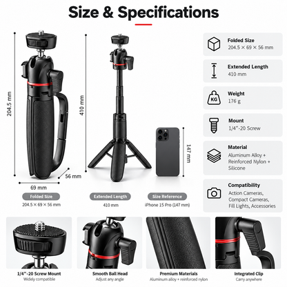 Quick-Clip Carabiner Camera Handle & Tripod | Hands-Free Hanging Mount for Action Cameras & Pocket Cameras