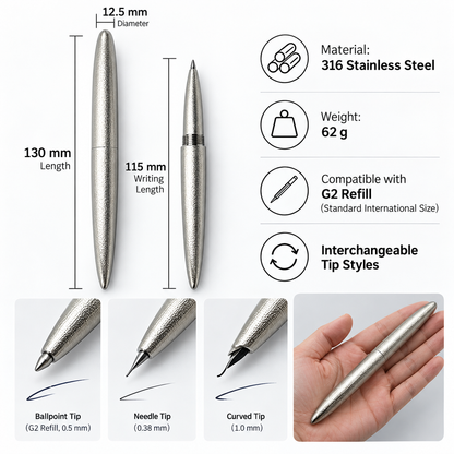Solid 316 Stainless Steel EDC Pen | 2-in-1 Fountain & Rollerball Pen, No Wobble Nib, Built to Last a Lifetime