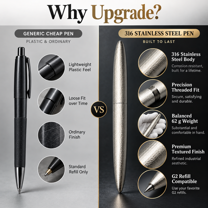 Solid 316 Stainless Steel EDC Pen | 2-in-1 Fountain & Rollerball Pen, No Wobble Nib, Built to Last a Lifetime