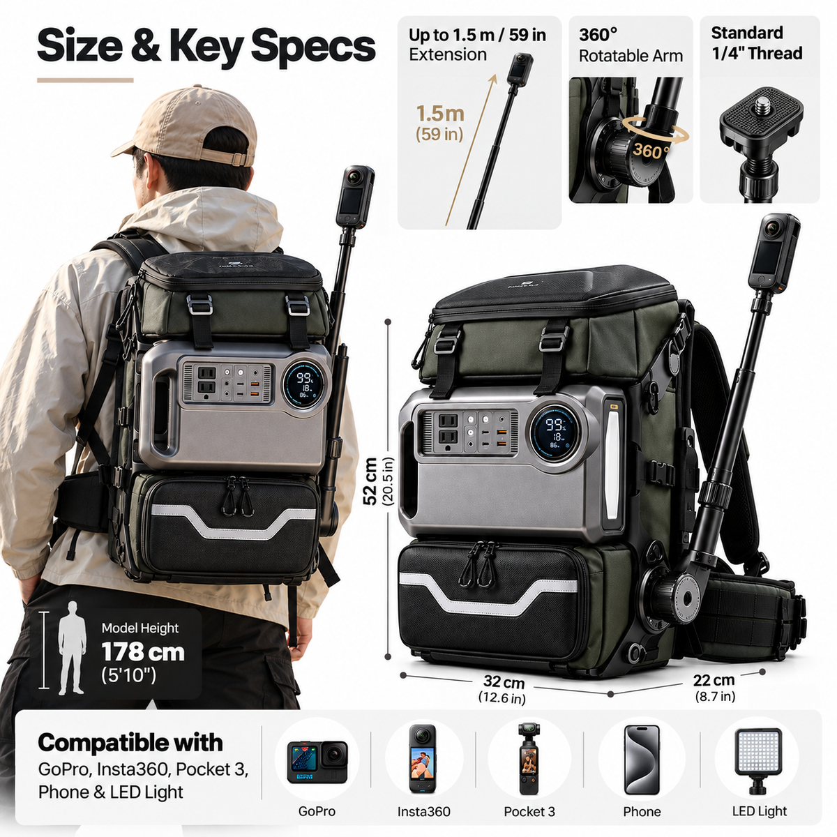 Hands-Free Backpack Mounted Camera Swing Arm | 360° Adjustable Extendable Selfie Rocker Arm for Action Cameras & Lights