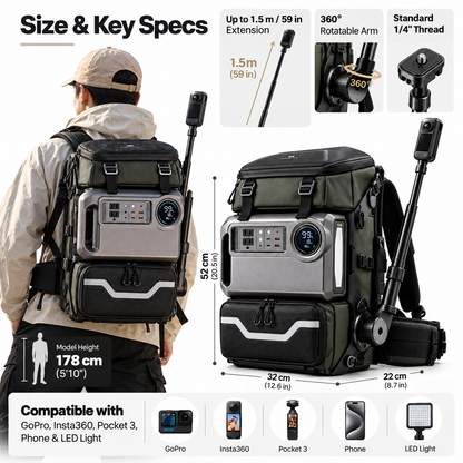 Hands-Free Backpack Mounted Camera Swing Arm | 360° Adjustable Extendable Selfie Rocker Arm for Action Cameras & Lights