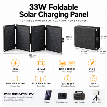 33W Foldable Backpack-Mount Solar Charger Panel | Off-Grid Portable Solar Power Sheet for Outdoor Vloggers & Adventure Trips